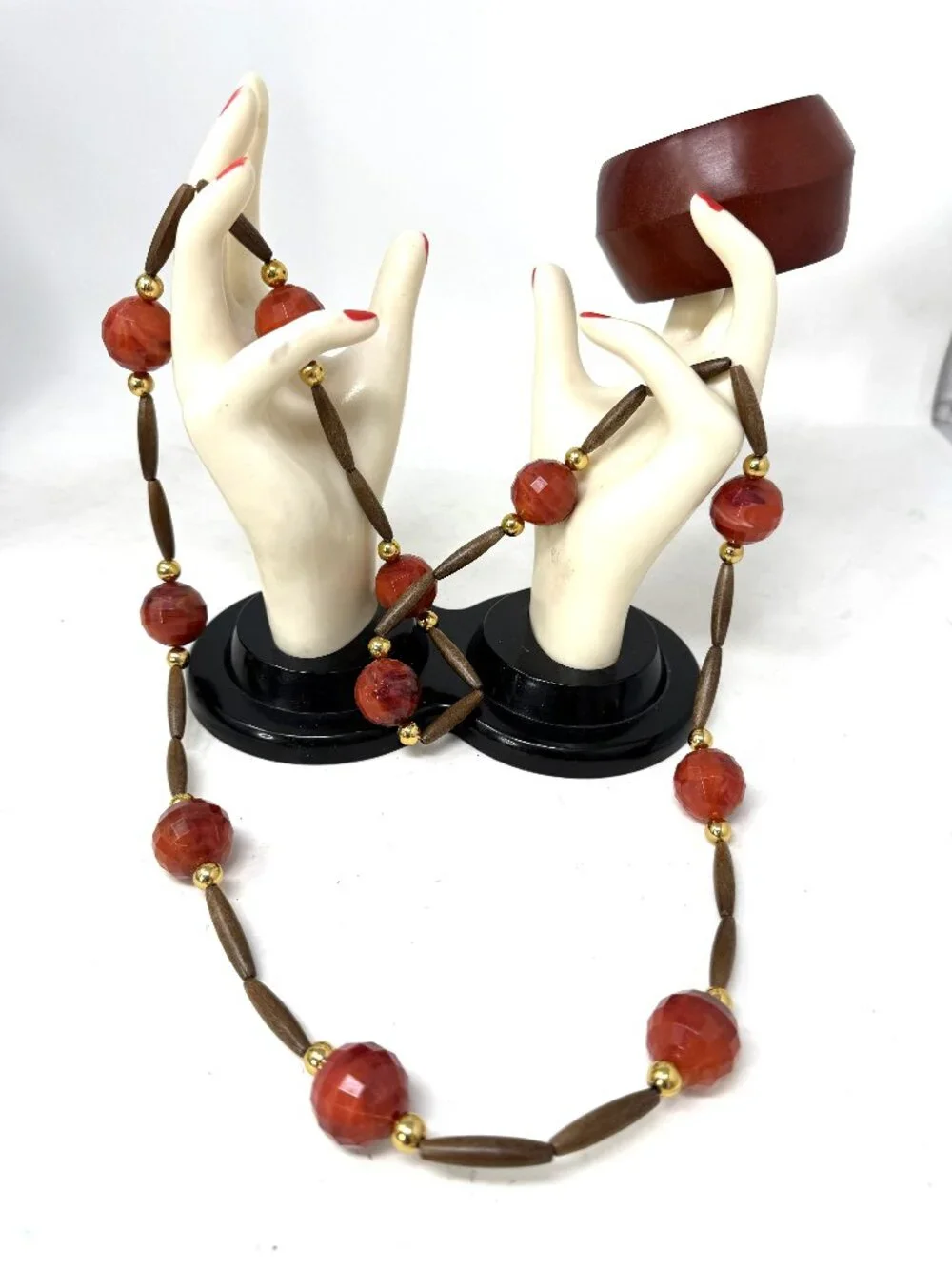 Wood Faceted Acrylic Bead Necklace Wide Wood Bangle Bracelet Set Fall / Autumn
